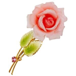 Austria Mid Century Pink Celluloid Rose Brooch Gold Tone Enamel Leaves READ